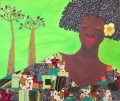 black woman and tree in green decor pattern African